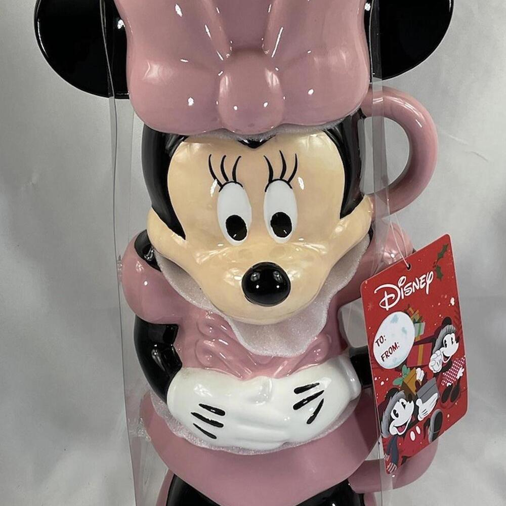 Disney Christmas Pink Bow Minnie Mouse Stackable Set Of 4 Mugs Winter Holiday